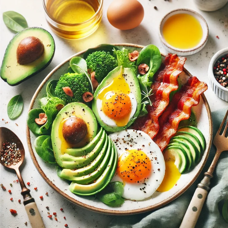 Healthy keto meal with avocado, eggs, and bacon – perfect for a low-carb diet.